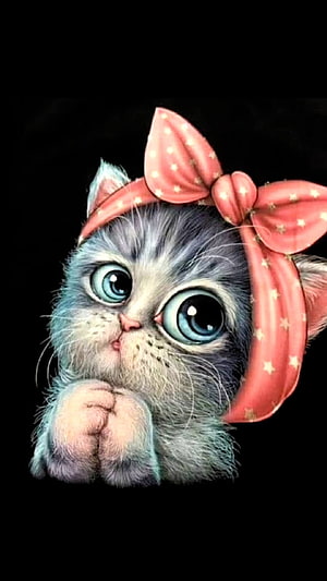 Cute Kitten with Pink Polka Dot Bow and Large Blue Eyes Digital Painting HD phone wallpaper