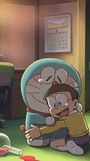 Doraemon and Nobita Sharing a Heartwarming Emotional Embrace in a Cozy Room HD phone wallpaper