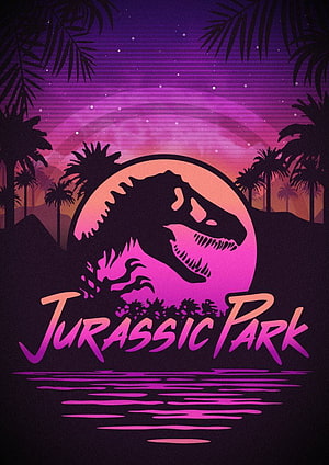 Jurassic Park Retro Sunset Poster with T-Rex Silhouette and Palm Trees HD phone wallpaper