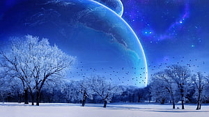 Snowy Winter Forest Landscape With Giant Blue Planet And Starry Night Sky HD wallpaper