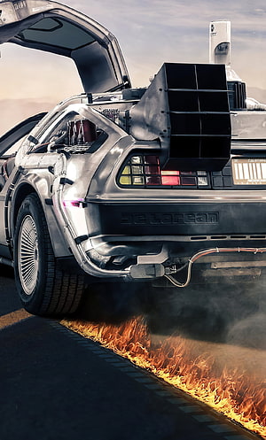 DeLorean DMC-12 Time Machine Rear View with Flames and Smoke HD phone wallpaper