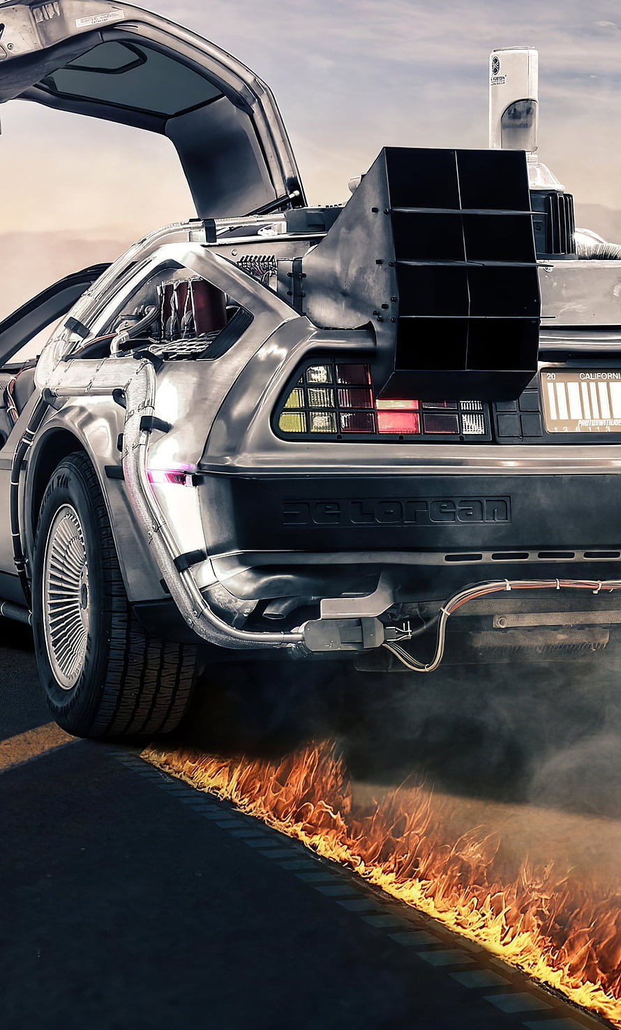 DeLorean DMC-12 Time Machine Rear View with Flames and Smoke HD phone wallpaper