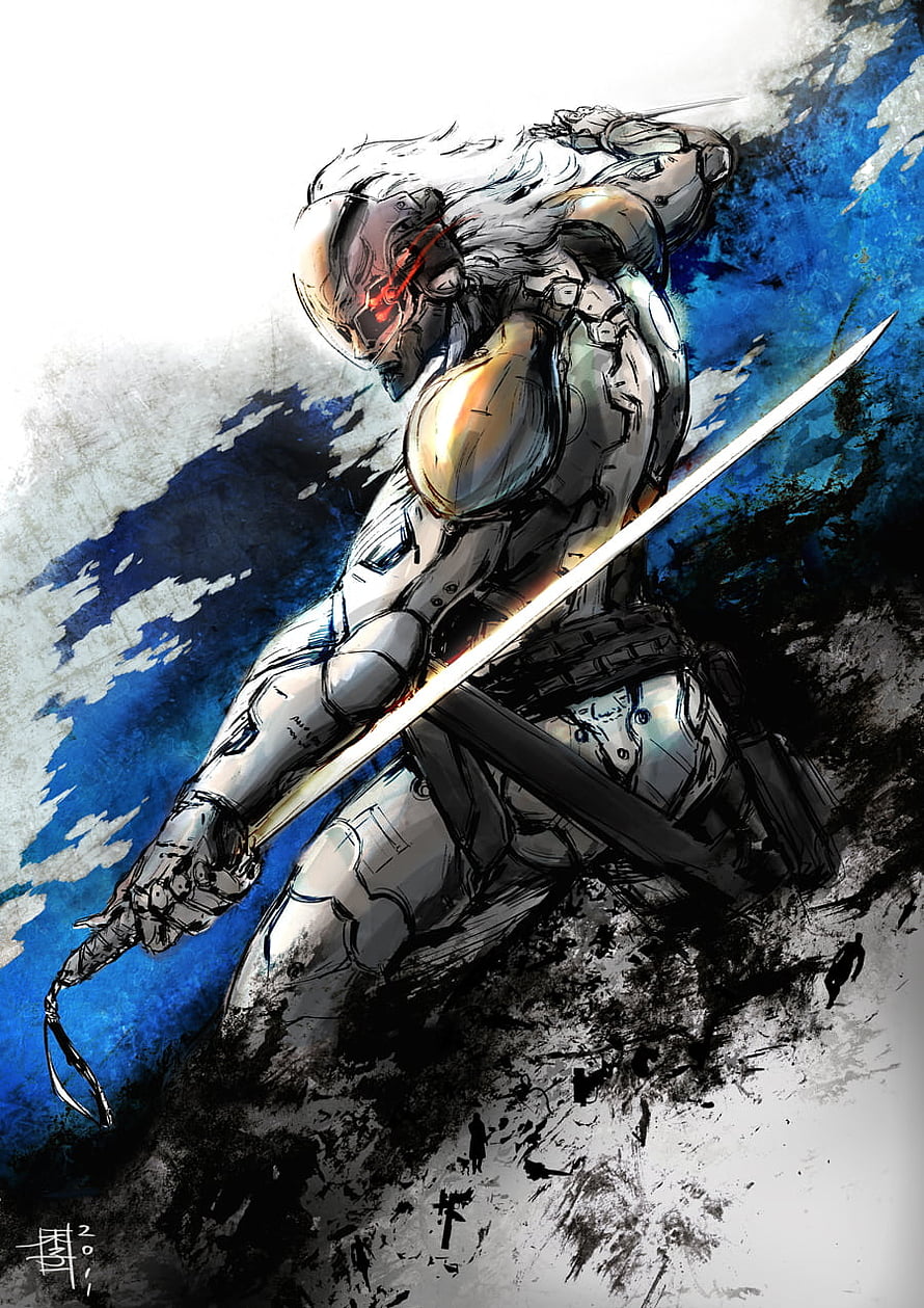 Raiden from Metal Gear Solid in dynamic combat pose with sword and futuristic armor HD phone wallpaper