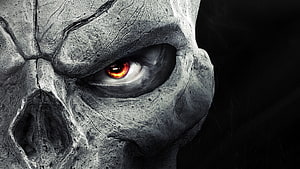 Grim Stone Skull with Glowing Red Eye in Dark Fantasy 3D Render HD wallpaper