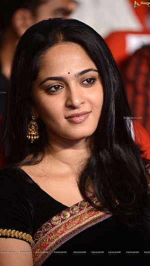 Anushka Shetty in Black Saree with Gold Embroidery and Traditional Jhumka Earrings HD phone wallpaper
