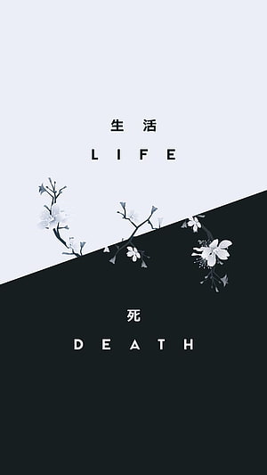 Minimalist Black and White Life and Death Typography with Delicate Cherry Blossom Branches HD phone wallpaper