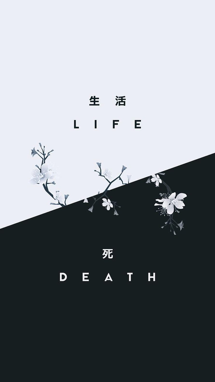Minimalist Black and White Life and Death Typography with Delicate Cherry Blossom Branches HD phone wallpaper