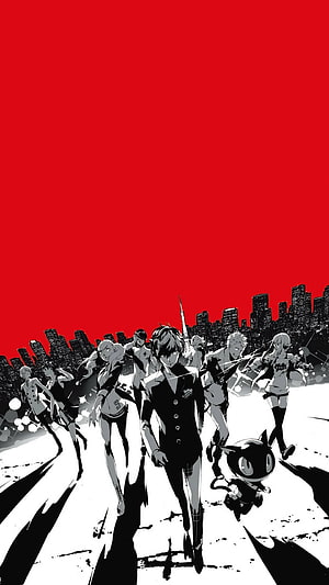 Persona 5 Phantom Thieves Walking Through Tokyo Cityscape in High Contrast Red and Black Style HD phone wallpaper