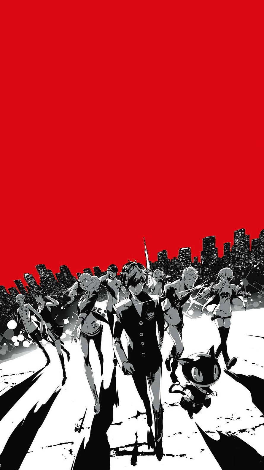 Persona 5 Phantom Thieves Walking Through Tokyo Cityscape in High Contrast Red and Black Style HD phone wallpaper