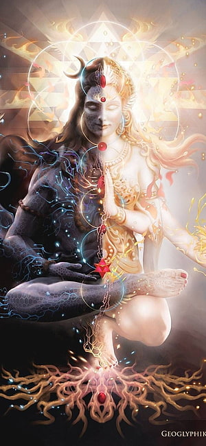 Dual Nature Shiva Meditation Artwork with Chakra Energy and Cosmic Aura HD phone wallpaper