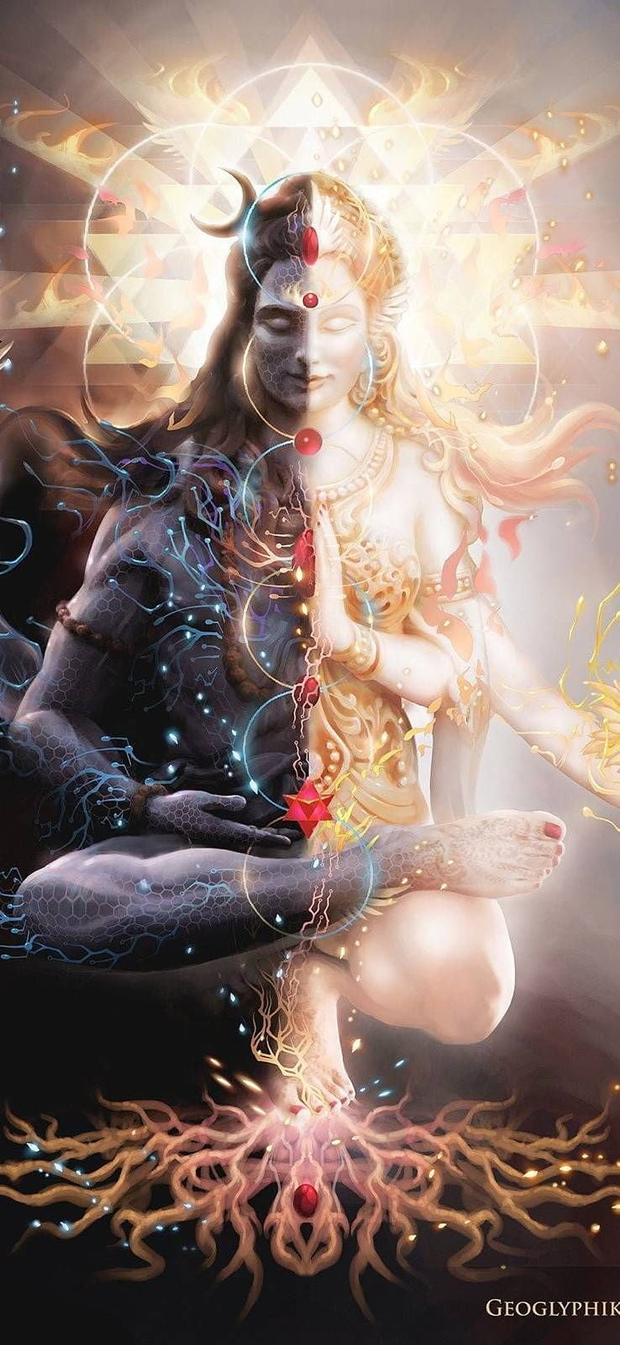 Dual Nature Shiva Meditation Artwork with Chakra Energy and Cosmic Aura HD phone wallpaper