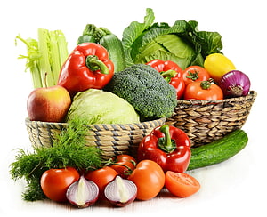 Fresh Organic Vegetables and Fruits Arranged in Woven Baskets on White Background HD wallpaper