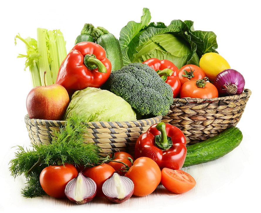 Fresh Organic Vegetables and Fruits Arranged in Woven Baskets on White Background HD wallpaper