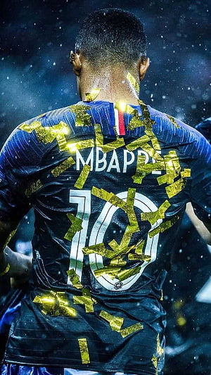 Kylian Mbappé PSG Number 10 Jersey Back View With Gold Confetti Celebration HD phone wallpaper