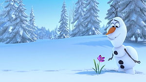 Olaf the Snowman from Frozen Admiring a Purple Flower in a Snowy Forest HD wallpaper