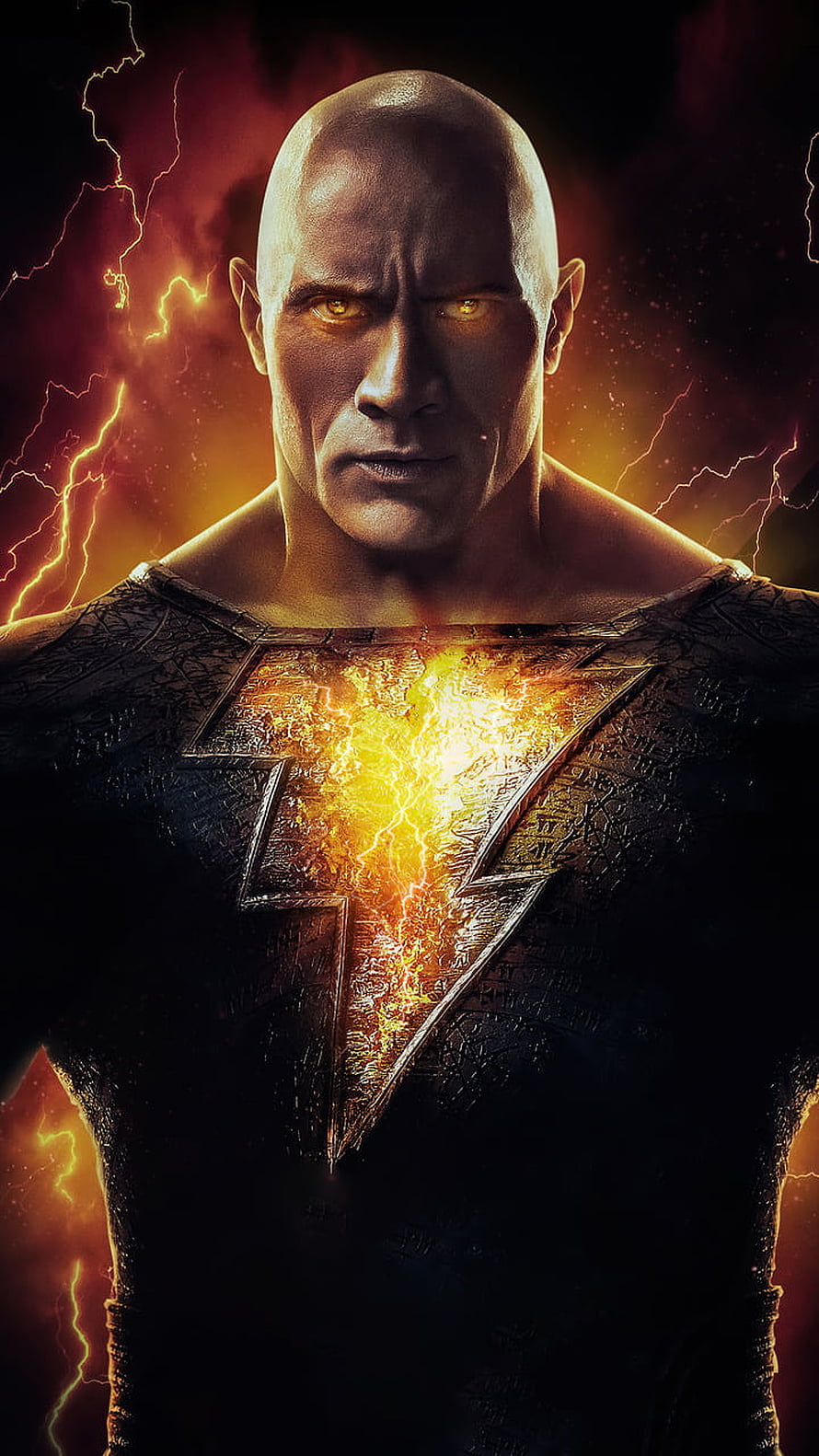 Black Adam DC Comics Character with Glowing Lightning Emblem and Intense Golden Eyes HD phone wallpaper