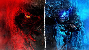 Godzilla vs King Kong Split Face Poster with Red and Blue Monster Eyes HD wallpaper