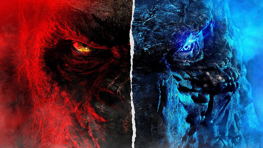Godzilla vs King Kong Split Face Poster with Red and Blue Monster Eyes HD wallpaper