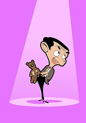 Mr Bean Animated Series Character Holding Teddy Bear Under Purple Spotlight HD phone wallpaper
