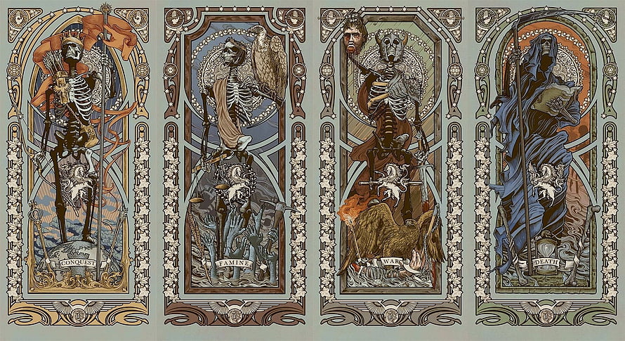 Four Horsemen of the Apocalypse in Ornate Gothic Stained Glass Style HD wallpaper