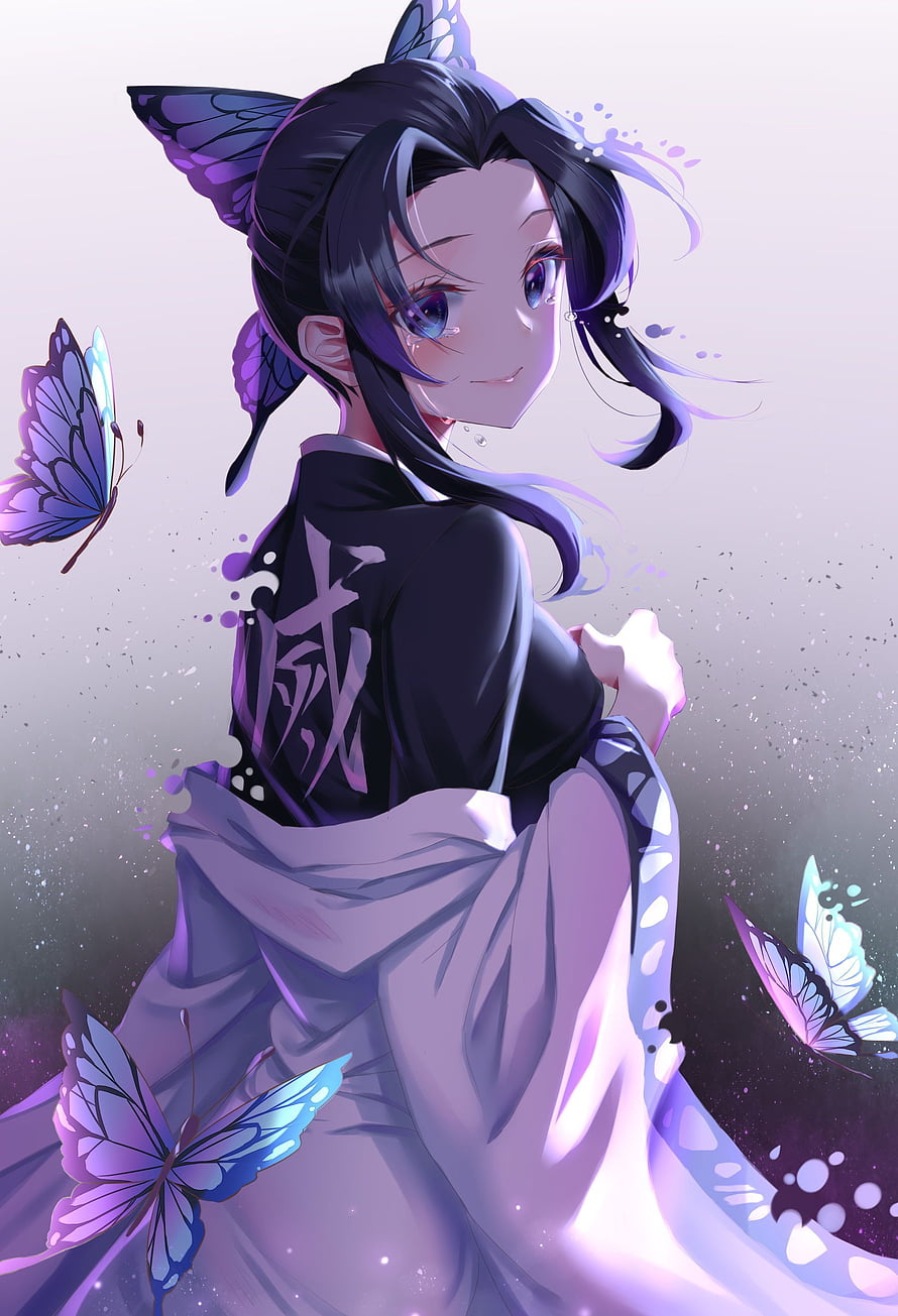 Butterfly Demon Slayer Girl in Traditional Attire with Purple Wings and Floating Insects HD phone wallpaper