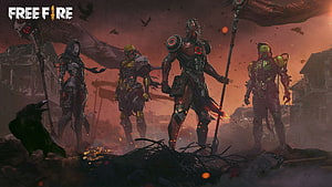 Free Fire Dark Fantasy Warrior Squad in Post-Apocalyptic Ruins HD wallpaper