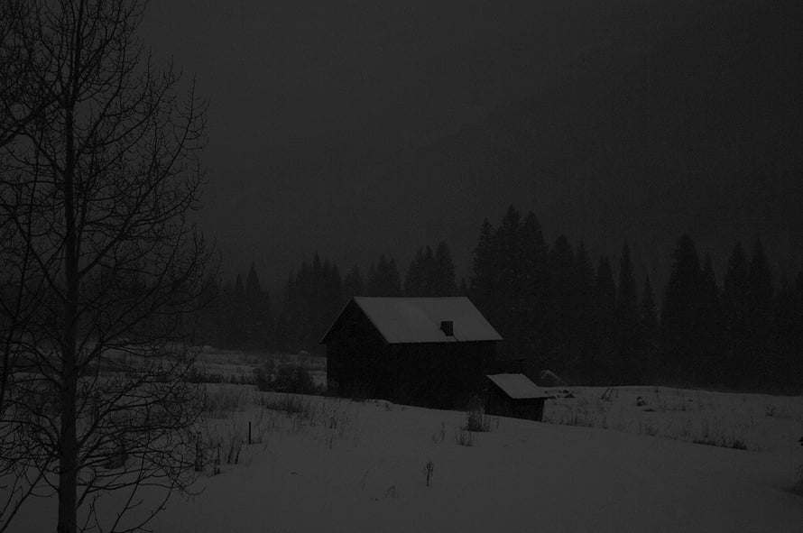 Doomer Aesthetic Dark Winter Barn in Snowy Pine Forest Landscape HD wallpaper