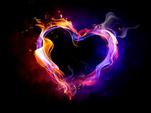 Vibrant Neon Fire Heart with Swirling Smoke and Sparks on Black Background HD wallpaper