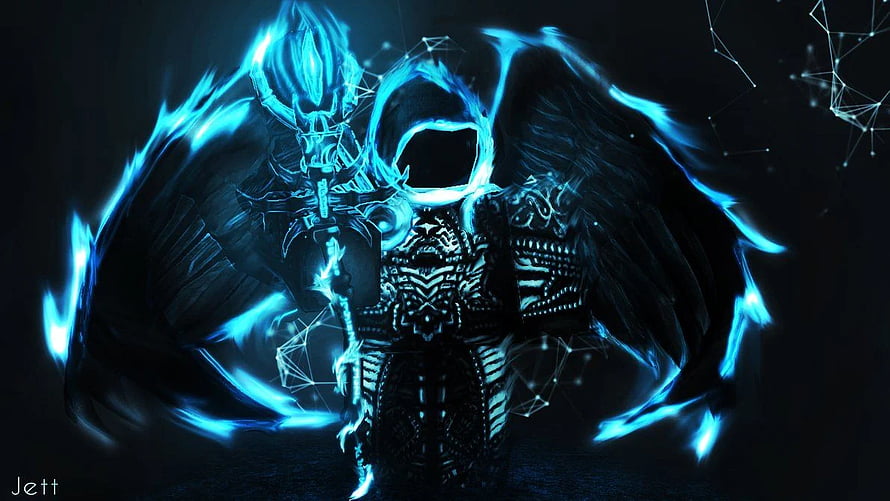 Glowing Blue Roblox Character with Wings and Armor in Dark Fantasy Style HD wallpaper