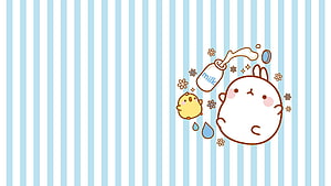 Cute Kawaii Rabbit and Chick with Milk Bottle on Blue Striped Background HD wallpaper