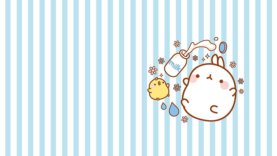 Cute Kawaii Rabbit and Chick with Milk Bottle on Blue Striped Background HD wallpaper