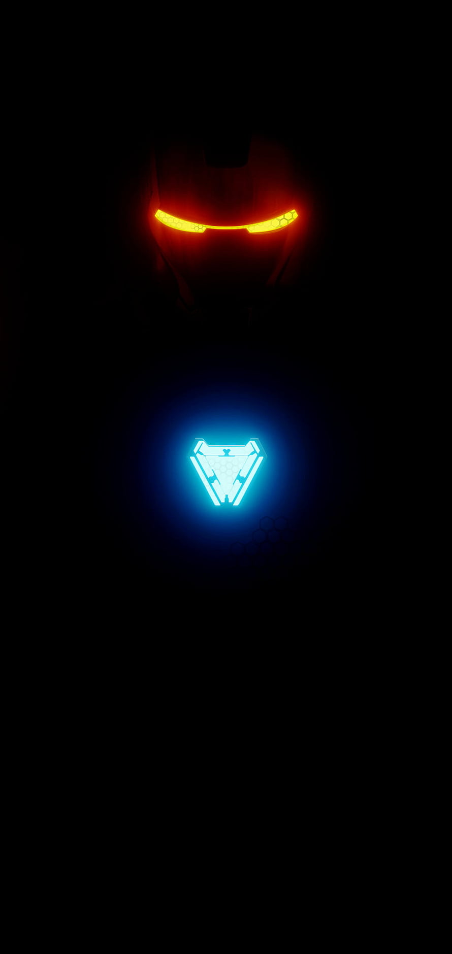Iron Man Glowing Eyes and Arc Reactor on Dark Background HD phone wallpaper
