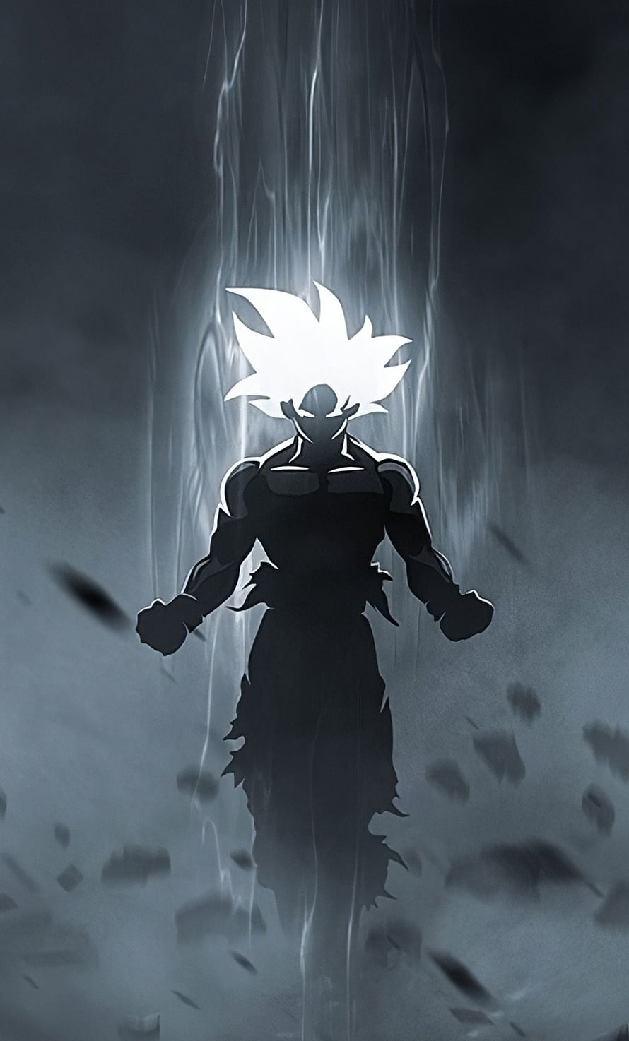 Goku Super Saiyan Silhouette with Glowing Aura and Floating Debris HD phone wallpaper