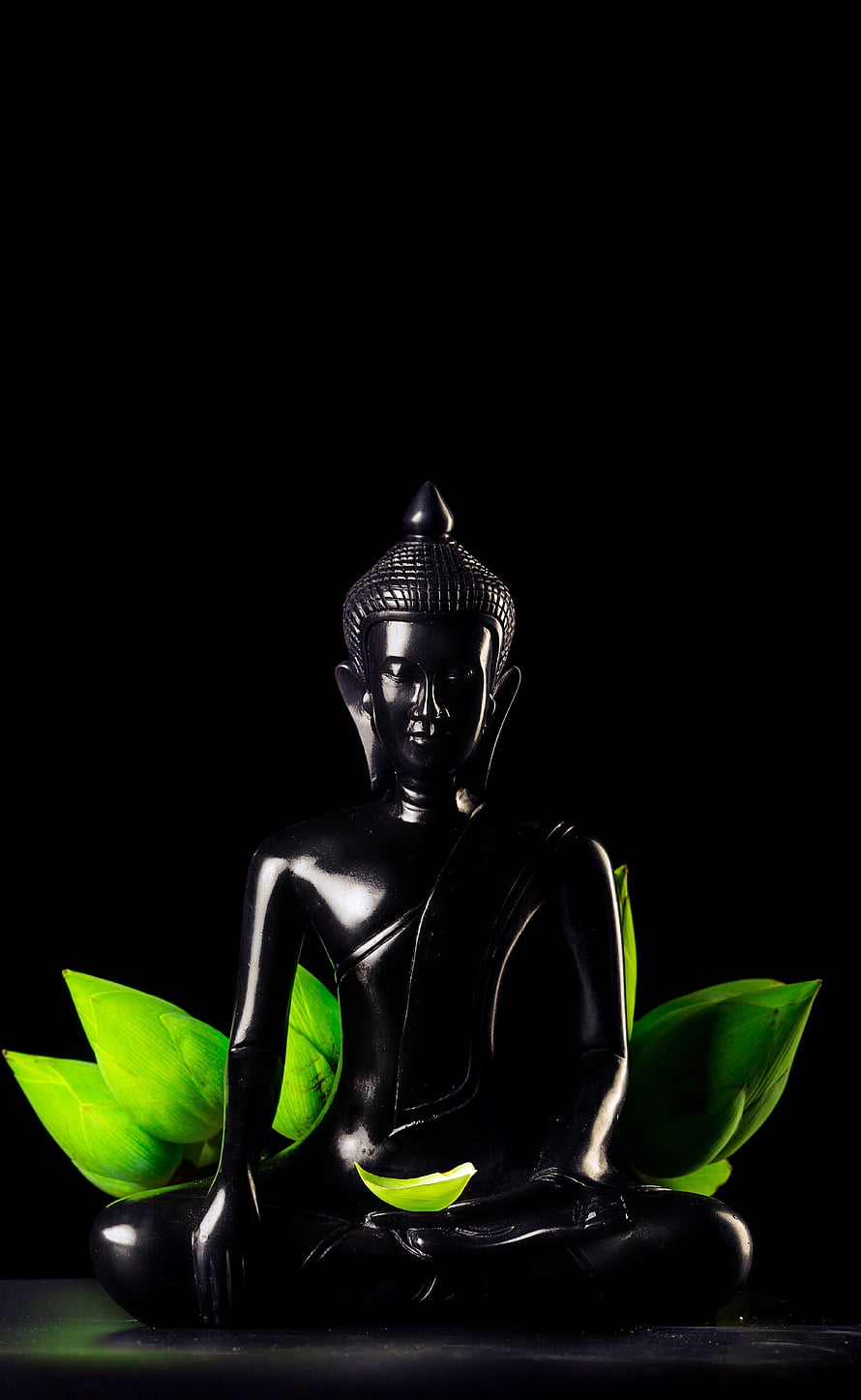 Black Buddha Statue in Meditation Pose with Green Lotus Leaves on Dark Background HD phone wallpaper