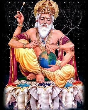 Vishwakarma Painting of the Divine Craftsman Seated on Elephants Holding a Globe, Vishwakarma HD phone wallpaper