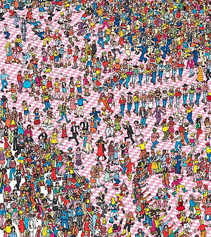 Where's Wally Crowd Illustration with Hundreds of Characters on Pink Checkered Background HD phone wallpaper