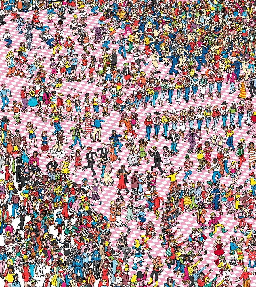 Where's Wally Crowd Illustration with Hundreds of Characters on Pink Checkered Background HD phone wallpaper