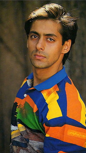 Salman Khan Vintage Portrait in Colorful Patterned Shirt, Salman Khan, bollywood actor, vintage HD phone wallpaper
