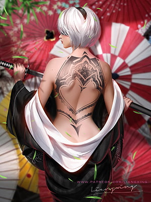 YoRHa No.2 Type B from NieR: Automata with back tattoo and katana HD phone wallpaper