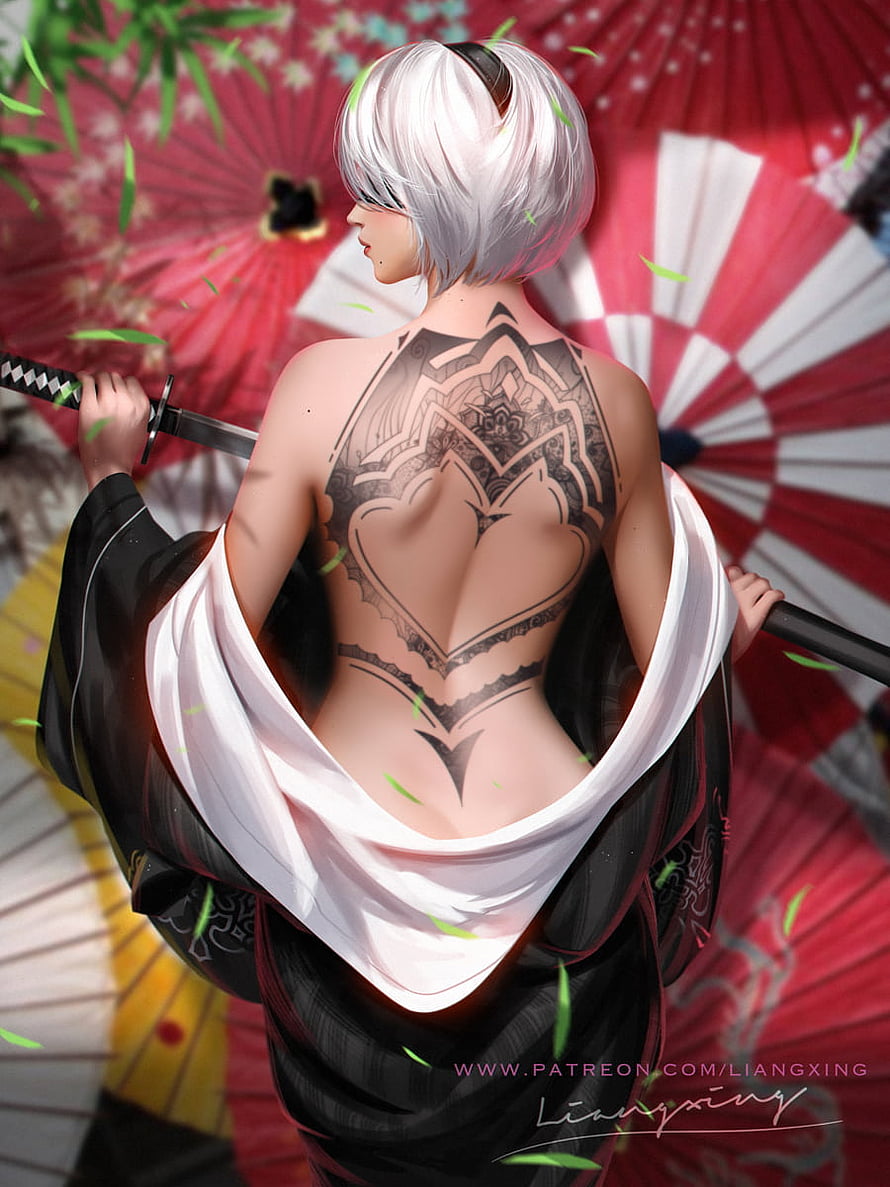 YoRHa No.2 Type B from NieR: Automata with back tattoo and katana HD phone wallpaper