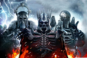 Three Armored Skeleton Lords Standing in Flames and Lightning HD wallpaper