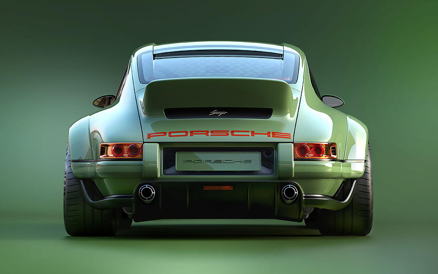Rear View of a Green Porsche 911 Singer DLS Concept Car with Prominent Spoiler and Dual Exhausts HD wallpaper
