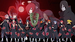 Naruto Akatsuki Members in Black Cloaks with Red Clouds Against a Dark Red Sky HD wallpaper