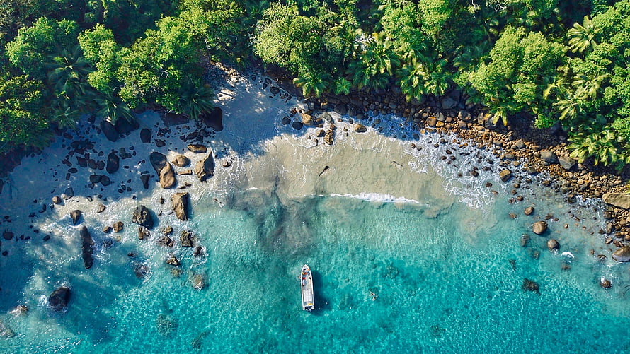 Aerial View of Tropical Island Beach with Turquoise Water and Small Boat HD wallpaper