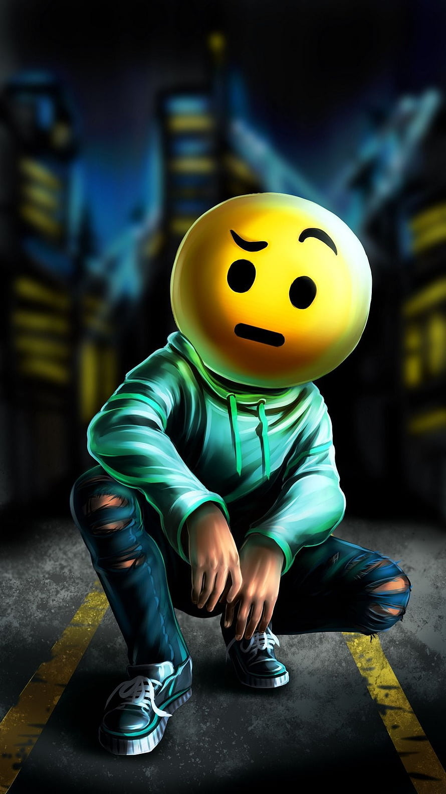 Sad Emoji Head Character Crouching in Urban Street at Night HD phone wallpaper