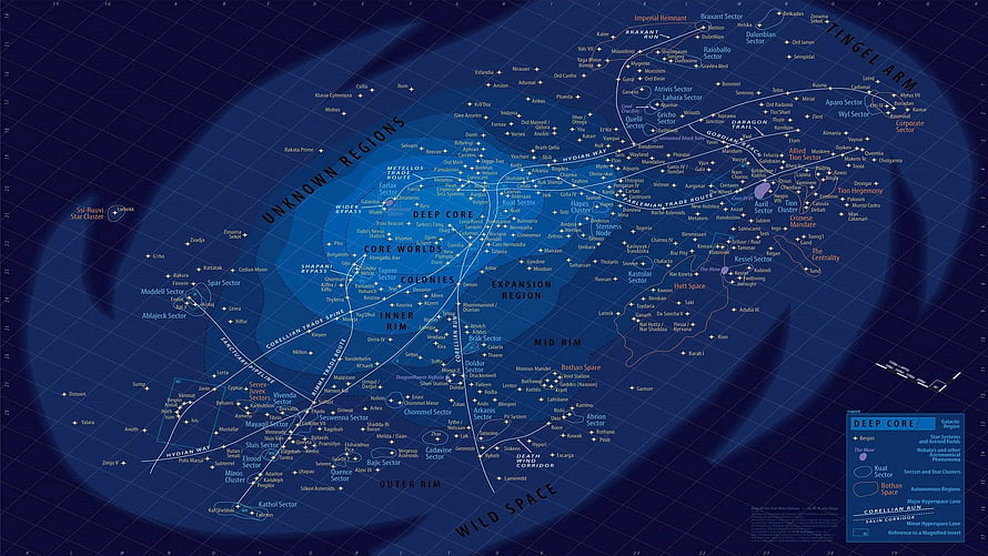 Star Wars Galaxy Map Featuring Core Worlds, Outer Rim, and Unknown Regions HD wallpaper
