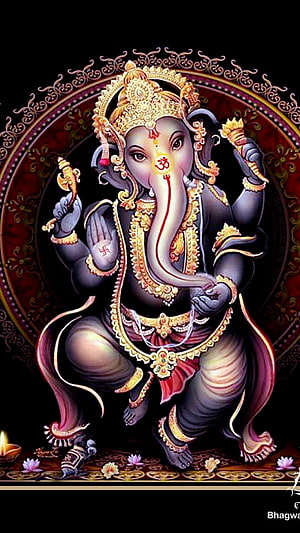 Lord Ganesha Digital Art with Ornate Gold Jewelry and Om Symbol on Dark Background HD phone wallpaper