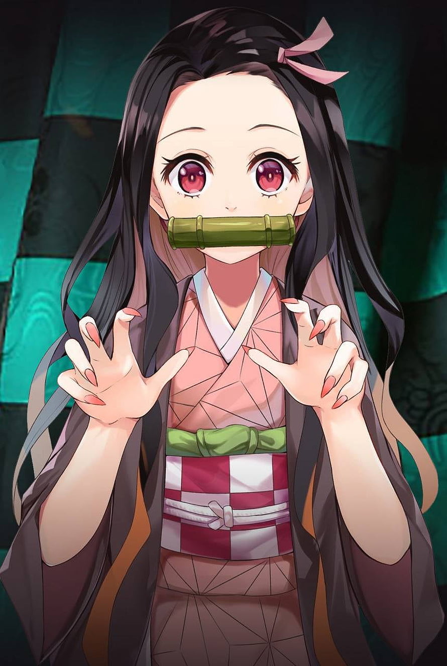 Nezuko Kamado from Demon Slayer in Traditional Kimono with Bamboo Mouthpiece HD phone wallpaper