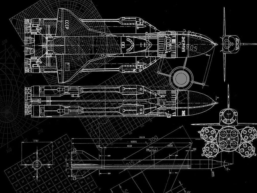 Soviet Aircraft Technical Blueprint with Top and Side Views on Black Background HD wallpaper