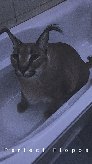 Perfect Floppa Caracal in a Bathroom Tub with Dramatic Blue Lighting HD phone wallpaper